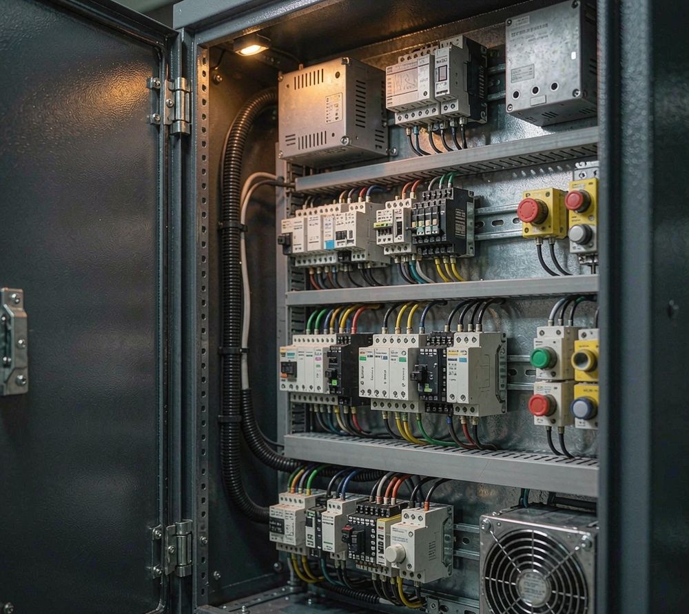 Industrial control cabinet with components